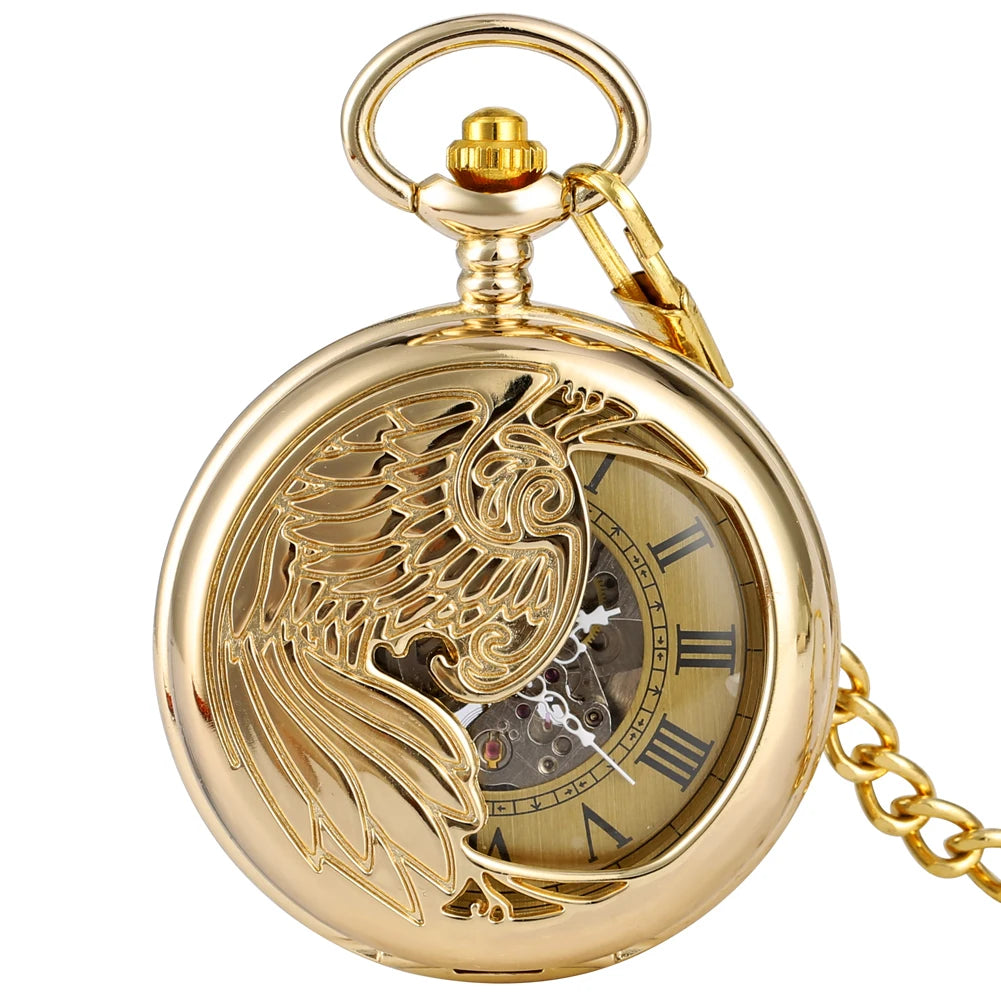 Gold Phoenix Self Winding Mechanical Skeleton Pocket Watch Automatic Fob Chain Watch with Roman Numerals Dial for Men Gift