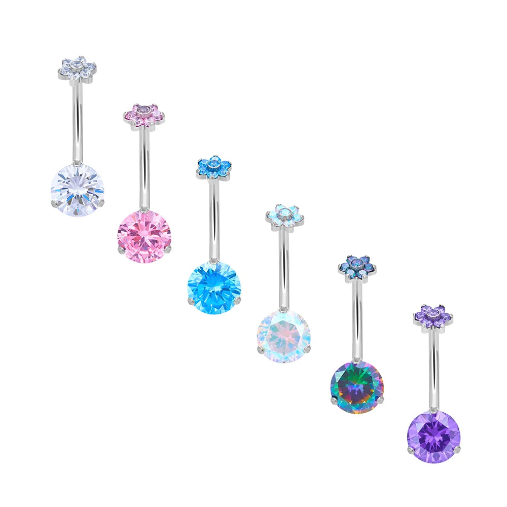 ASTM F136 G23 Titanium Colorful Round CZ Inlay Internally Threaded Navel Curves Belly Button Rings Women Body Piercing Jewelry