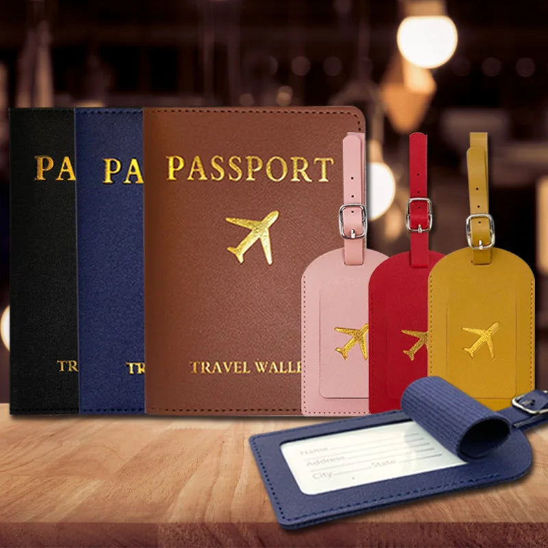 PU Leather Passport Case Holder Luggage Tag Sets Travel Gift Set Custom PU Leather Passport Holder Cover Case