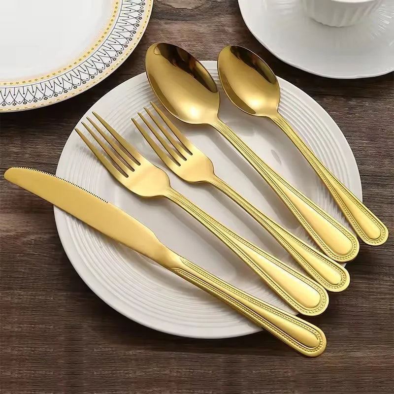 Hot Selling Bead Dot Design Handle Gold Knife Fork Spoon Flatware Set Silverware Stainless Steel Gold Cutlery Set for Wedding