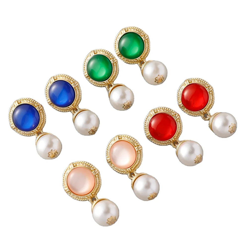 Retro Colorful Gemstone Round Pearl Earrings Gold Plated Fresh Water Pearl Pendant Earrings for Lady