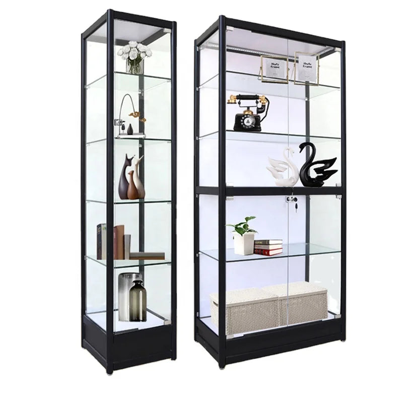 KEWAY 70" Full Vision Removable 5 Tires Tempered Glass Tower Wheel Showcase LED Lighting for Jewelry Collectibles Display Cases