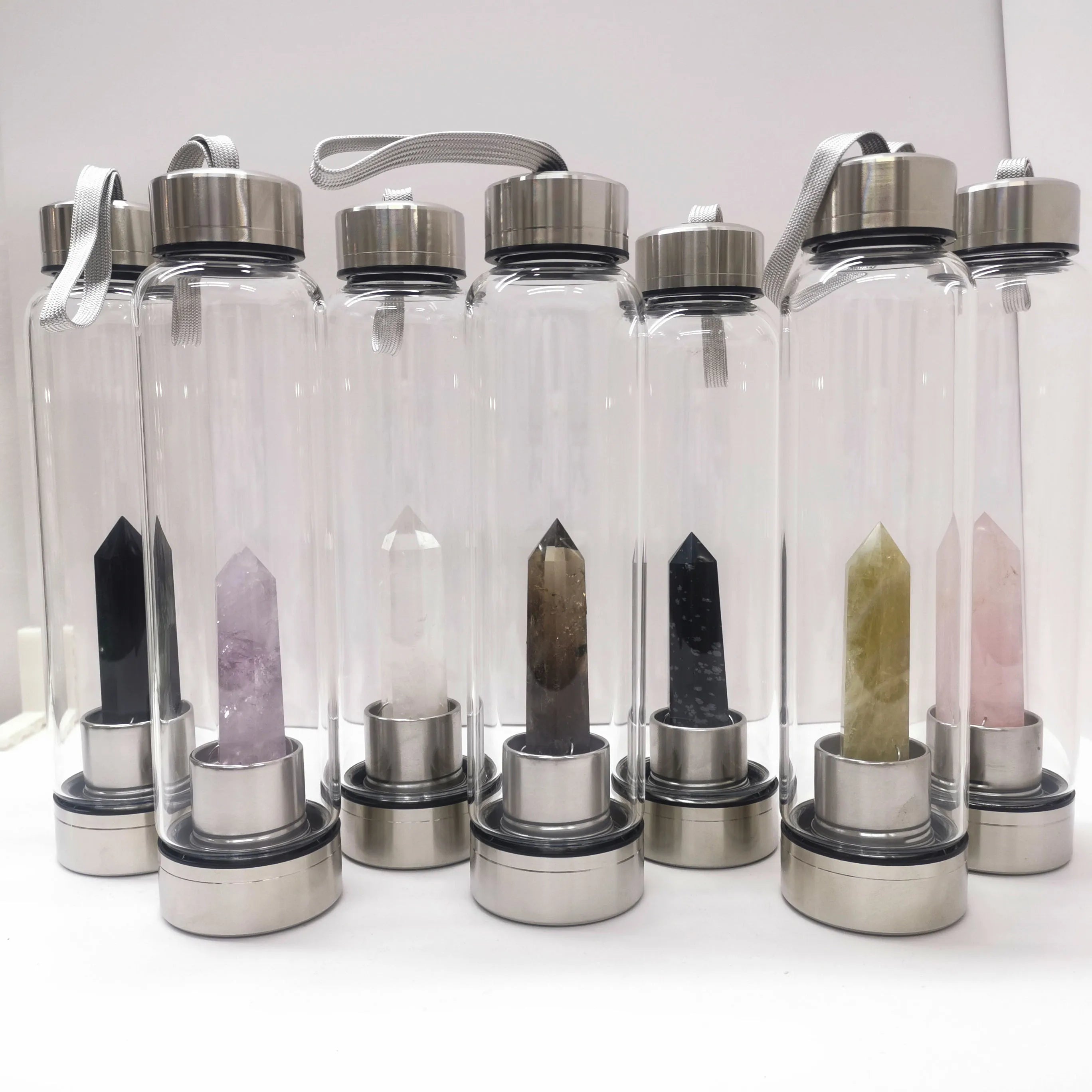 Crystal Infused Glass Water Bottle Natural Healing Crystal Point Tower Water Bottles