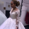 2024 Spring Fashion Long Sleeve Pure White Ball Gown Wedding Dress Round Neck Lace Appliques Princess Bridal Gown With Long Tail