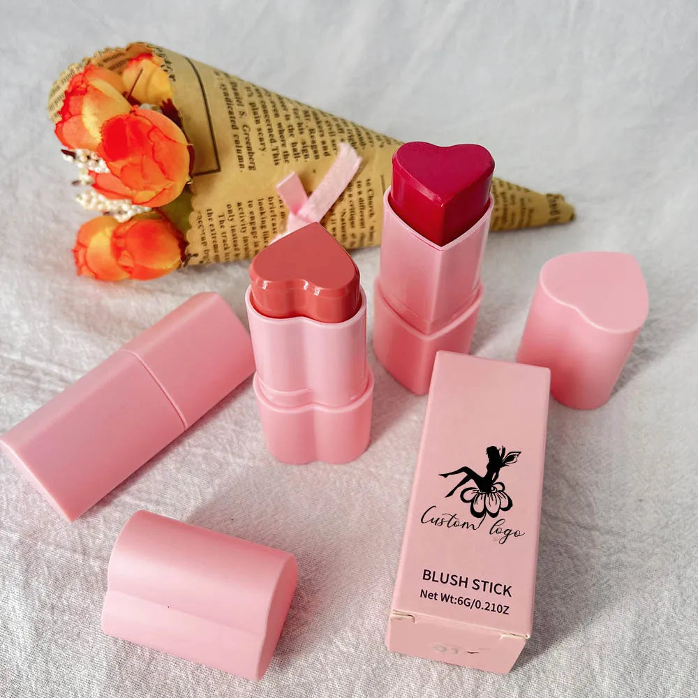 Private Label Makeup Vegan Blush Tint Blush Stick High Pigment Pink Heart Shape Long Lasting Blusher Stick