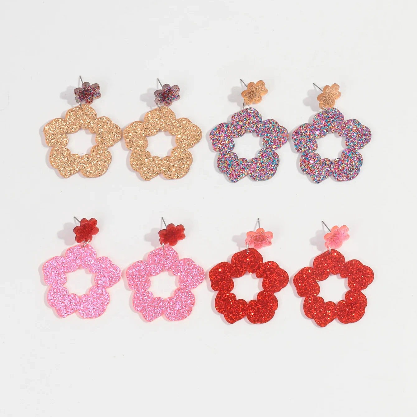 New Romantic Valentine's Day Gift Colorful Glitter Hollow Flower Pendants Casual Holiday Jewelry Acrylic Drop Earrings for Women