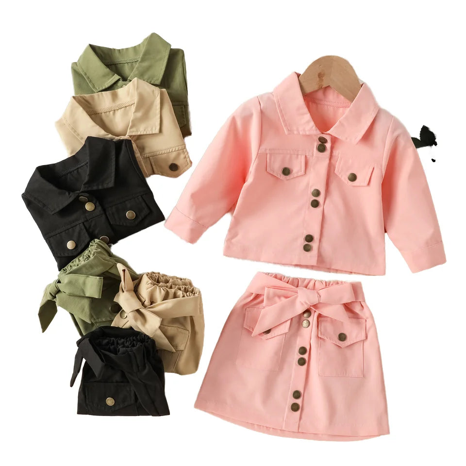 Casual A-Line Short Skirt Suit for Girls Fashionable Kids Outfit Sets Hot Sale Baby Girl Clothing with Solid Pattern