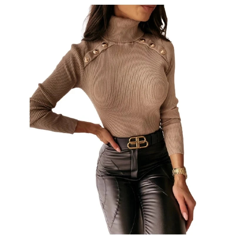 Knitted Top Solid Autumn Winter Women Casual Fashion High Neck Button Decoration Sweater Pullover Sweaters S-2XL