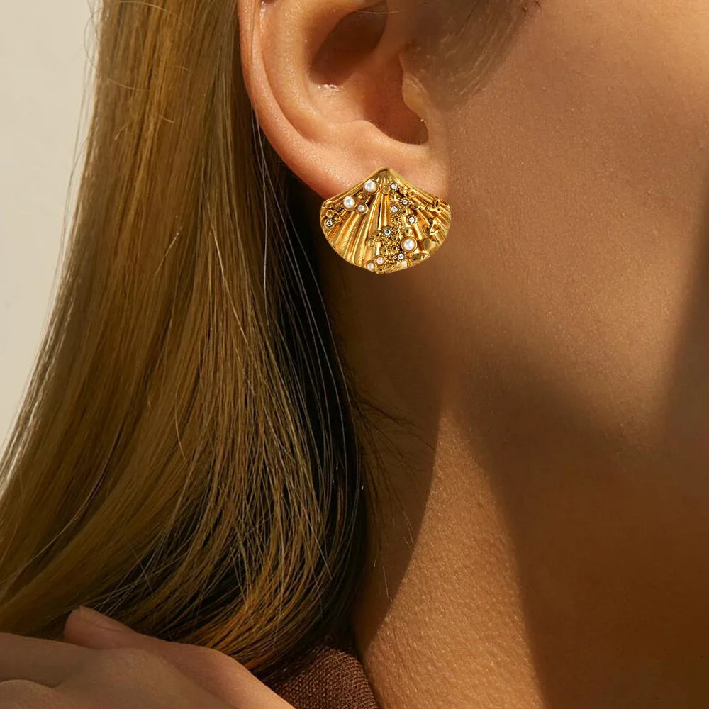Personalized Ocean Style Jewelry 18K PVD Gold Plated Shell Pearl Zircon Stainless Steel Stud Earring