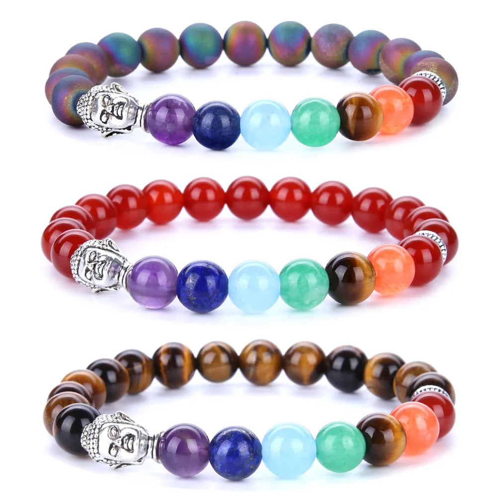 Trendy Lapis Lazuli Tiger Eye Turquoise Amethyst Agate 8mm Bead Healing Gem Natural Stone Buddha Head Bracelet Jewelry