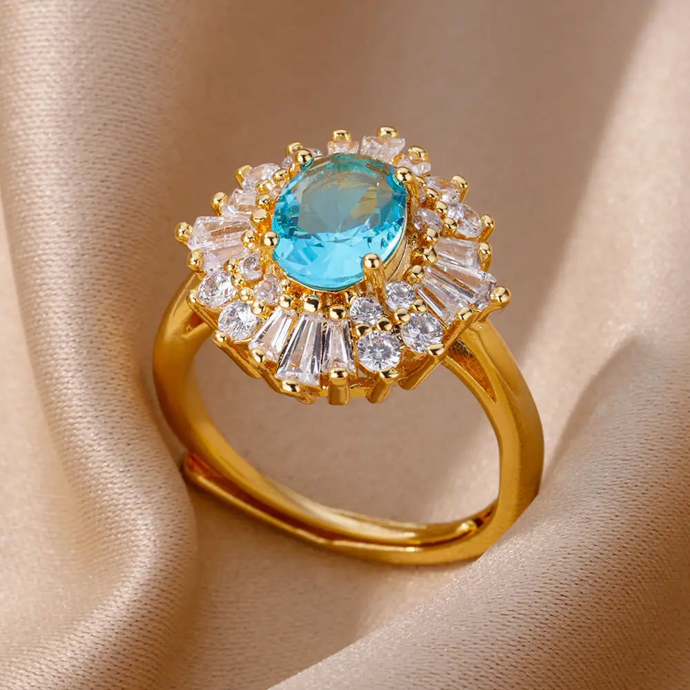 Women's Trendy 18K Gold Plated Brass Gemstone Ring with Zircon Adjustable Open Design Geometric Shape for Wedding/Anniversary