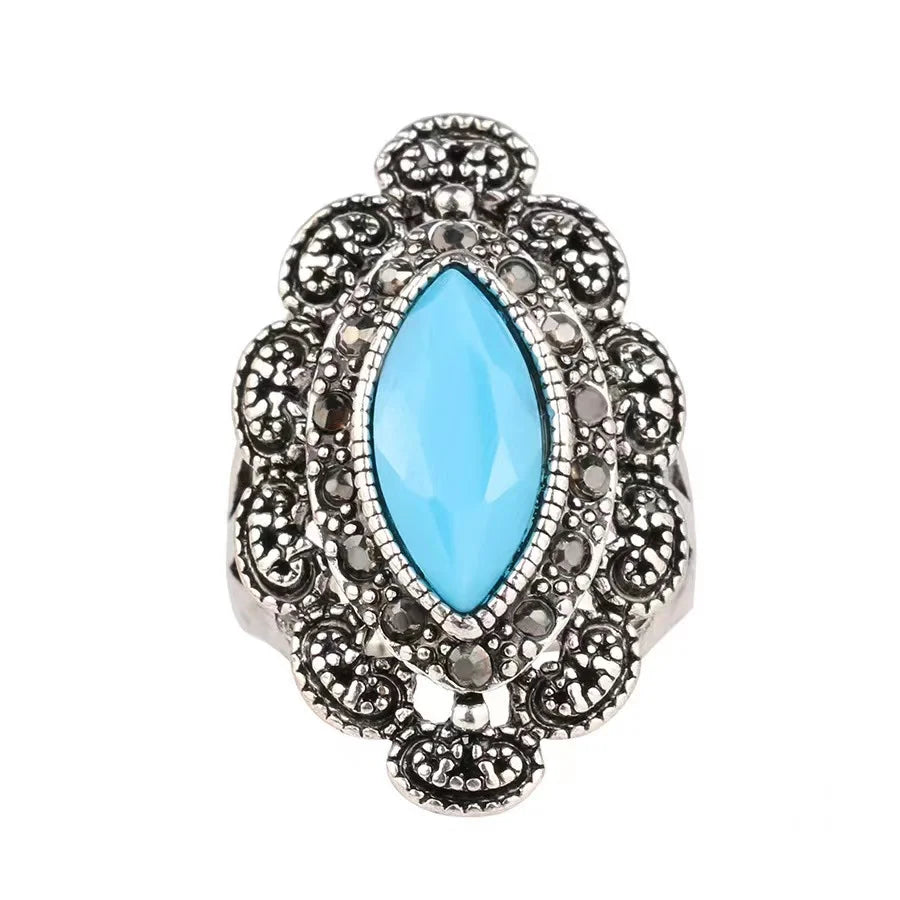 High Quality Antique Silver Turquoise Resin Exaggerate Rings Jewelry