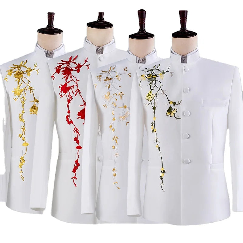 Fashion Embroidery Men's Youth Suits 2 Pieces(Jacket+Pant) Formal Stand Collar Chinese Mountain Suit Attire Stage Wear