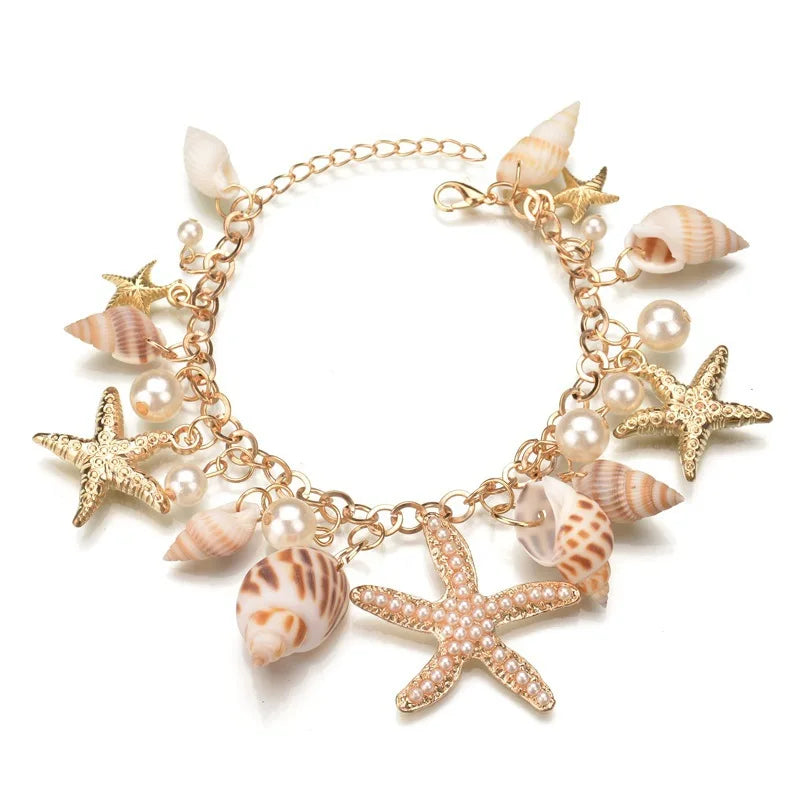 AA01150 Wholesale Stylish Dainty Boho Girls Mermaid Sea Turtle Shell Cowrie Wave Beach Bracelet Set