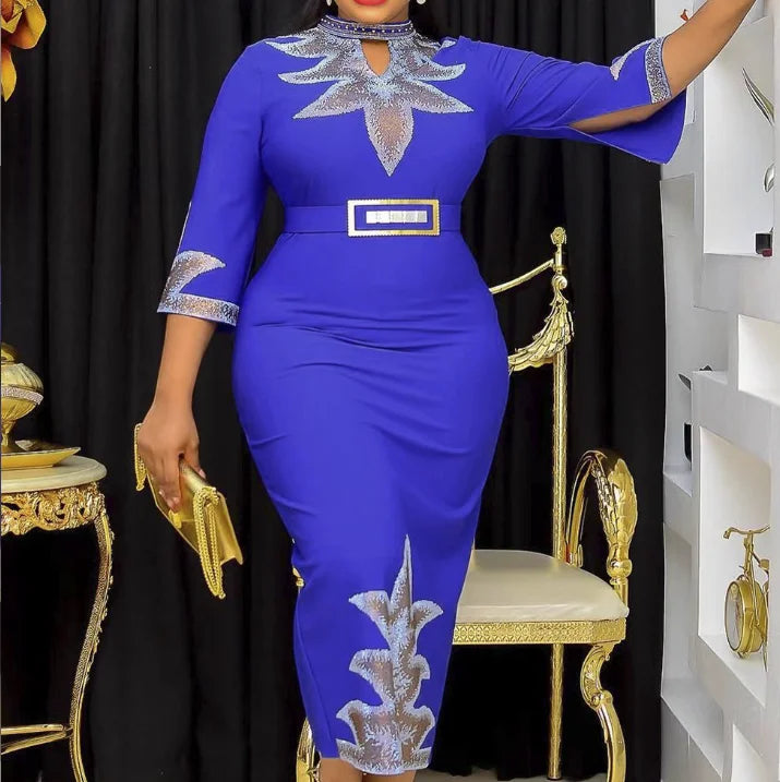 L-3XL African Fashion Women's Plus Size Dress Middle Sleeve Beaded Hot Diamond Party Evening Dress Daily Commuter Dress