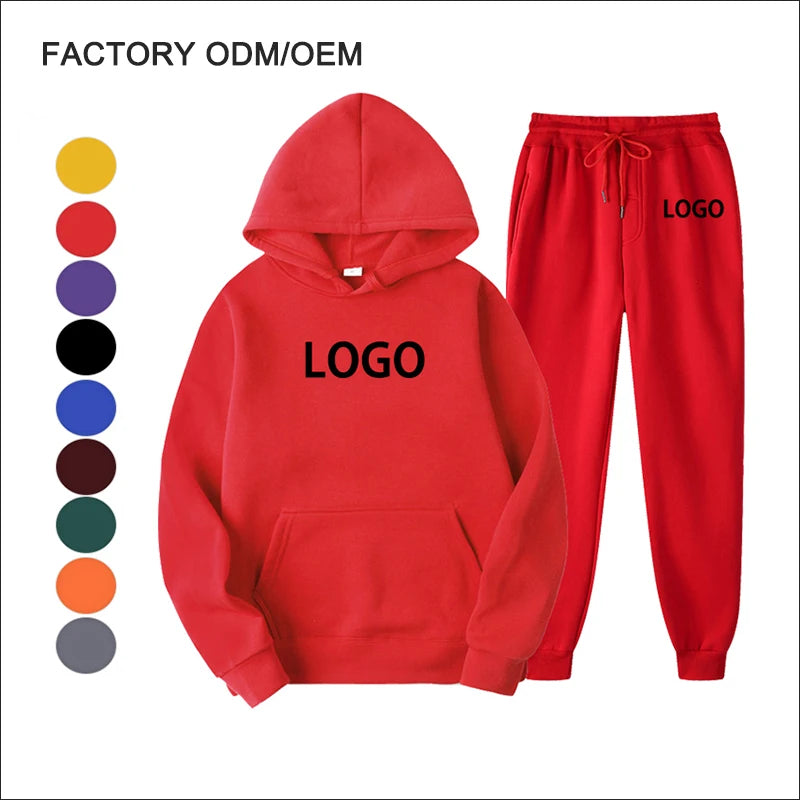Custom Men's Casual Jogger Sportswear Set Pullover Hooded Tracksuit Sweatpants Solid Lined Fleece Streetwear 2-Piece Male Blank