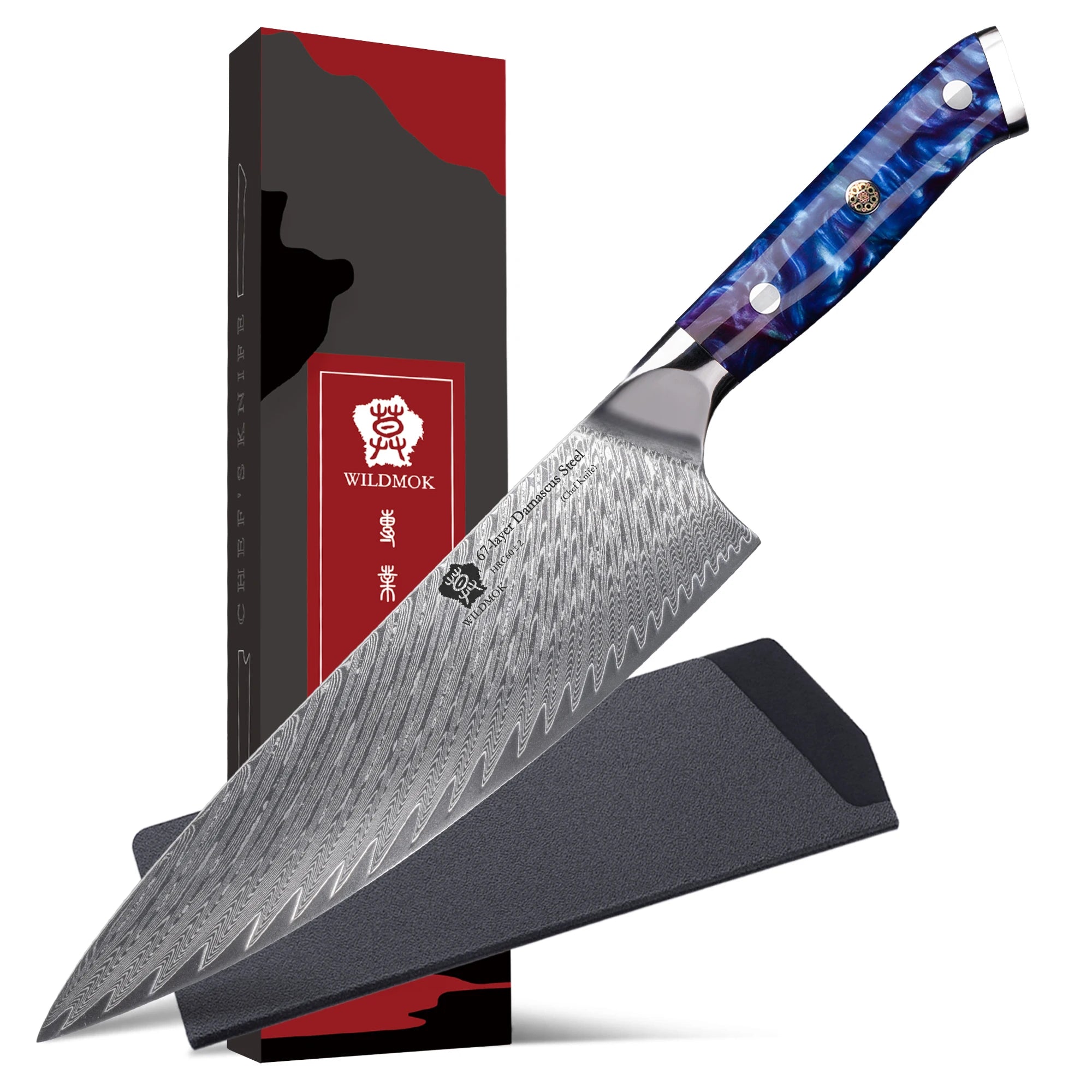 WILDMOK 8-Inch Damascus Japanese Chef Knife with VG10 Carbon Steel Black Resin Handle Kitchen Knives