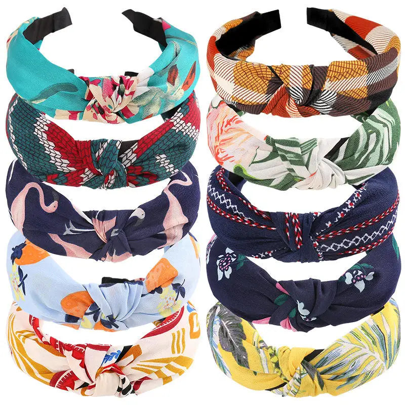 OEM Factory Wholesale Korean Style Hair Hoop Ladies Knotted Fashion Hair Accessories Printing Cross Chiffon Face Wash Headband