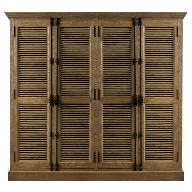 French Country Modern Solid Wood 4-Door Slab Wardrobe Distressed Natural Wood Tone Bedroom Storage Cabinet