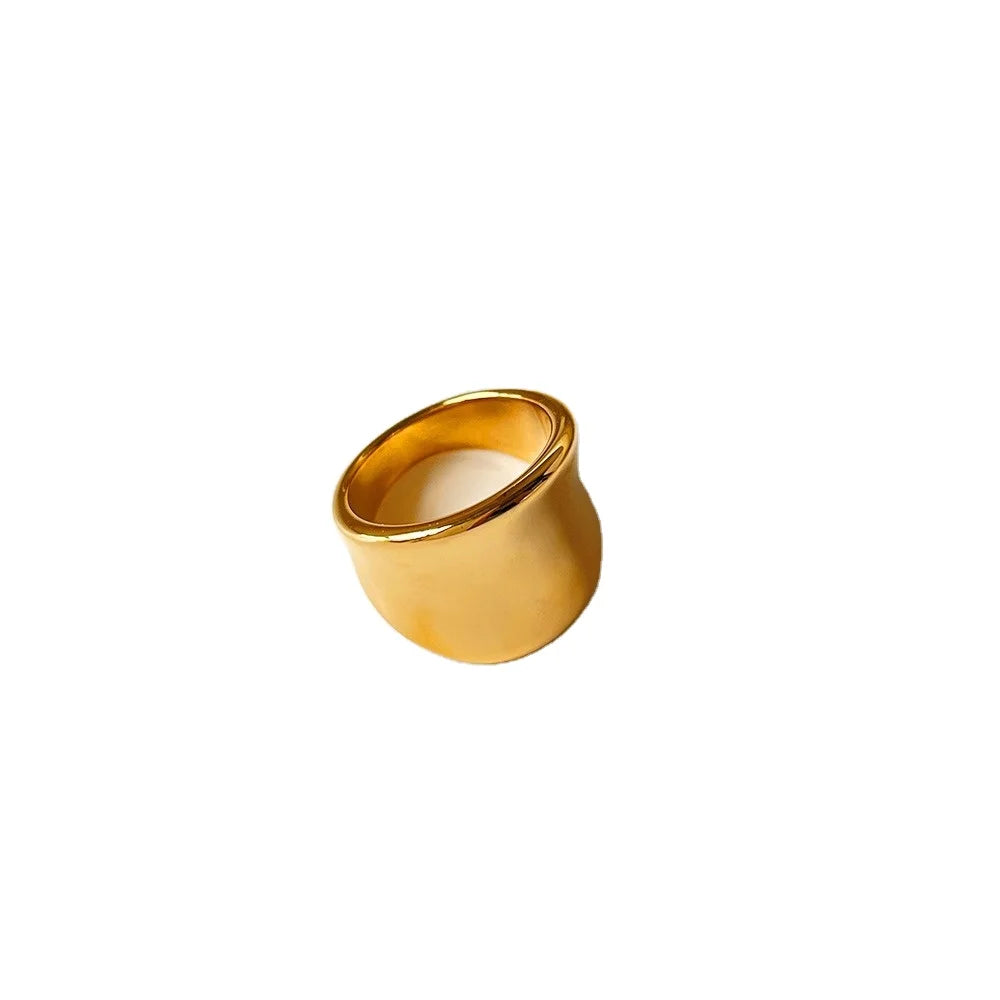 Women's Chunky Geometric Stainless Steel Ring 18K Real Gold Plated Smooth Large Wide Face for Engagement & Party