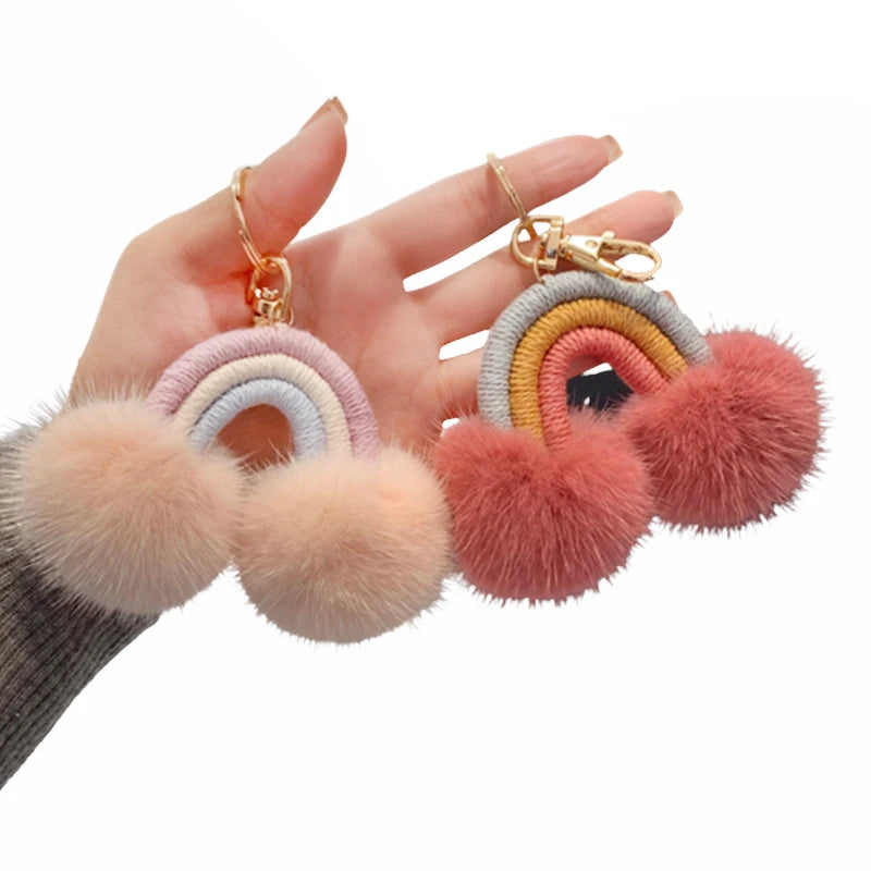 Unique Design Cute Rainbows With Mink Fur Ball Clouds Decoration Keychain Wholesale
