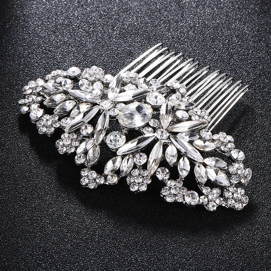 Silver Classic Metal Crystal Petals Bridal Wedding or Prom Hair Comb Accessory
