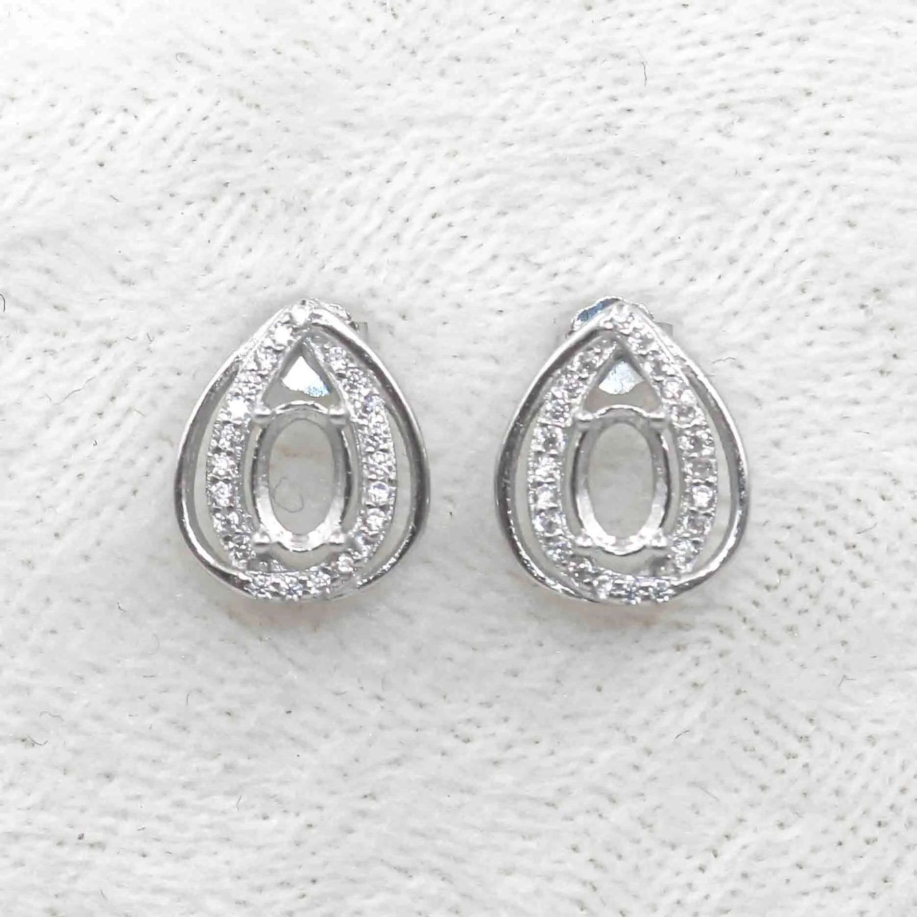 Sterling Silver 4*6mm Semi Mount Stud Earrings Empty Support Blank Claws Setting S925 Base Without Center Stone for DIY Inlay