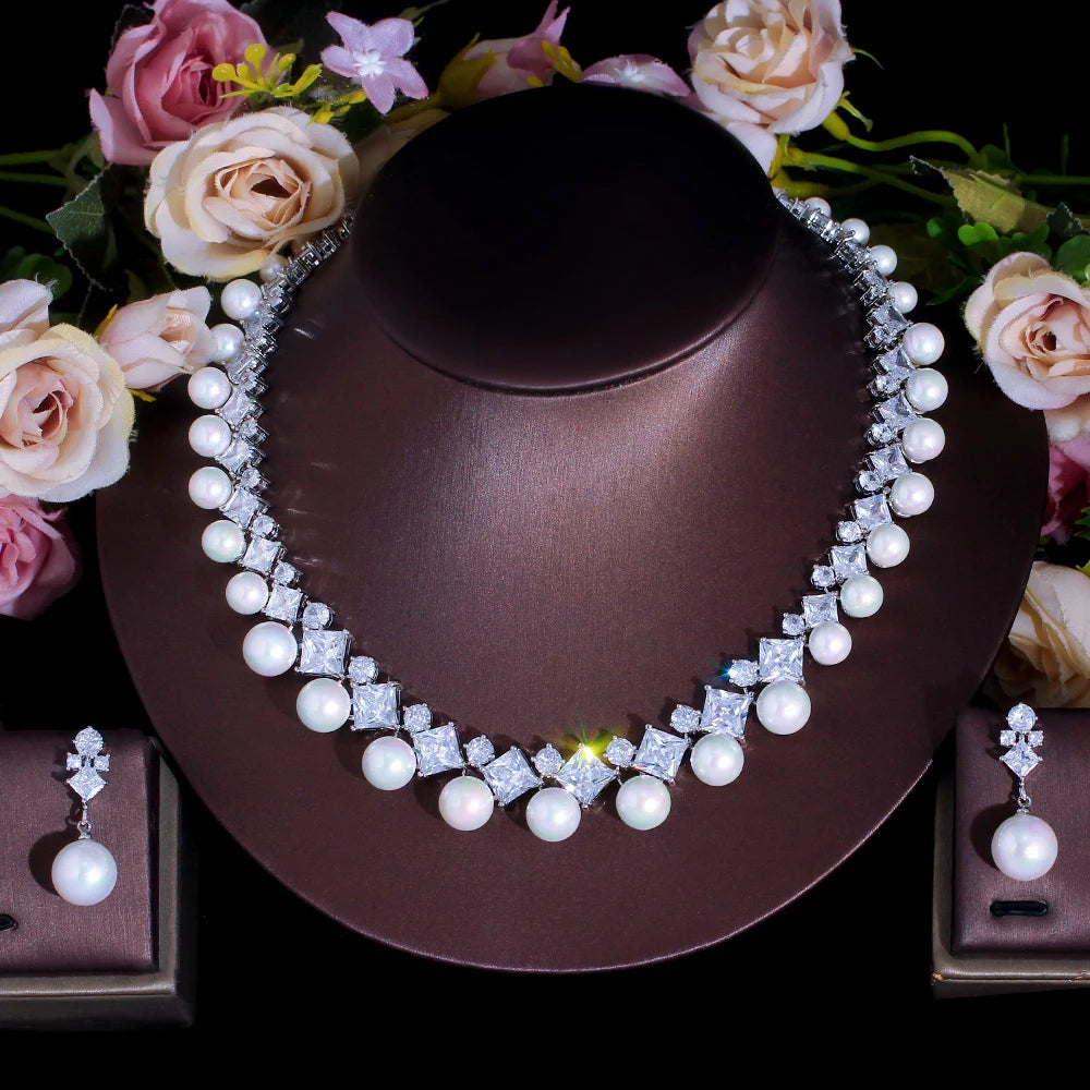 High Quality Cubic Zircon Statement Necklace and Earrings Bridal Imitation Big Pearl Jewelry Set for Women Wedding Accessories MegaBDM