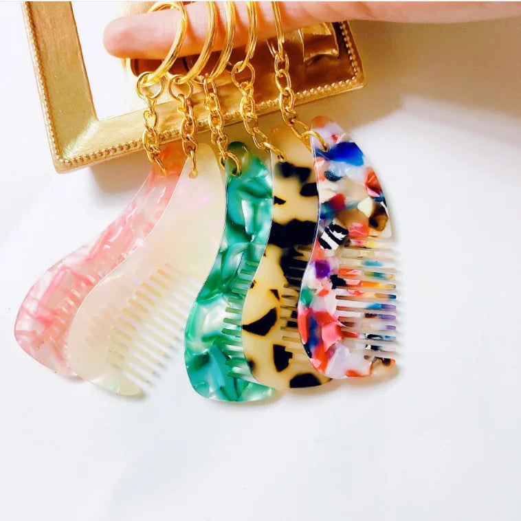 2022 Kids Portable Colorful Tortoise Shell Marble Acetic Acetate Mini Pendant Keychain Acetate Pocket Hair Combs Keychain Comb