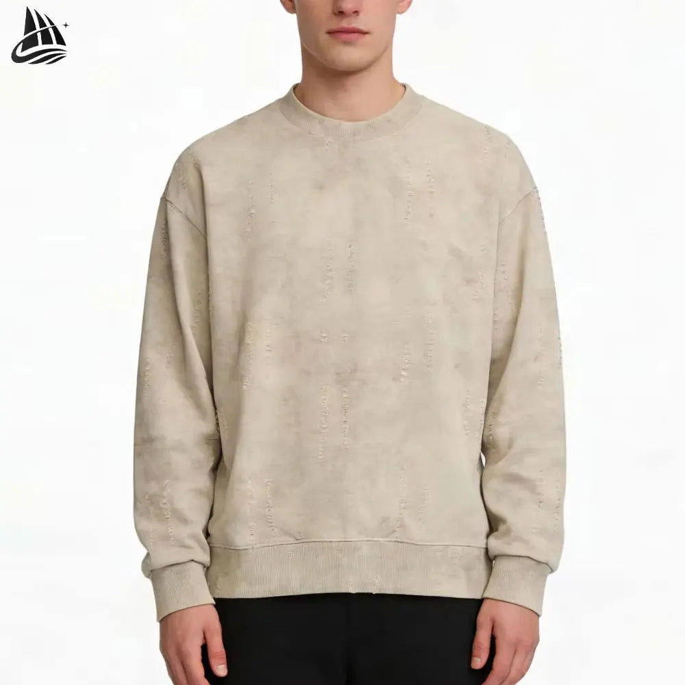 Custom Distressed Jersey Crew Neck Pull Over Wash Torn Ripped Sweatshirt for Men