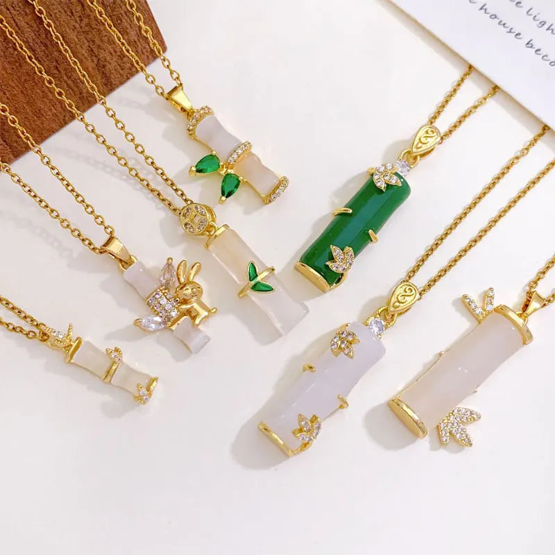 Real Gold Plated Stainless Steel Career Necklace Natural White Crystal Green Jade Ever-Rising Bamboo Pendant Necklace for Women