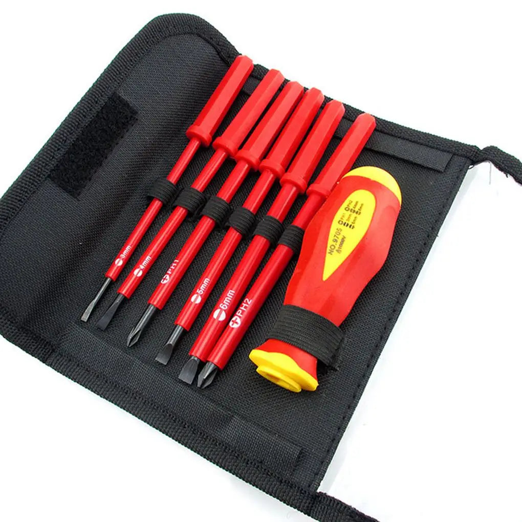 7pcs Chrome Industrial DIY Insulated Plastic Screwdriver Set Electrician CR-V Slotted PH/SL 500V Resistant Repair Hand Tool