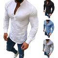 New Fashion Men Spring Autumn Cotton Linen Stand Collar Long Sleeve Slim Solid Color Button Comfort Casual Blouse Tops Shirt