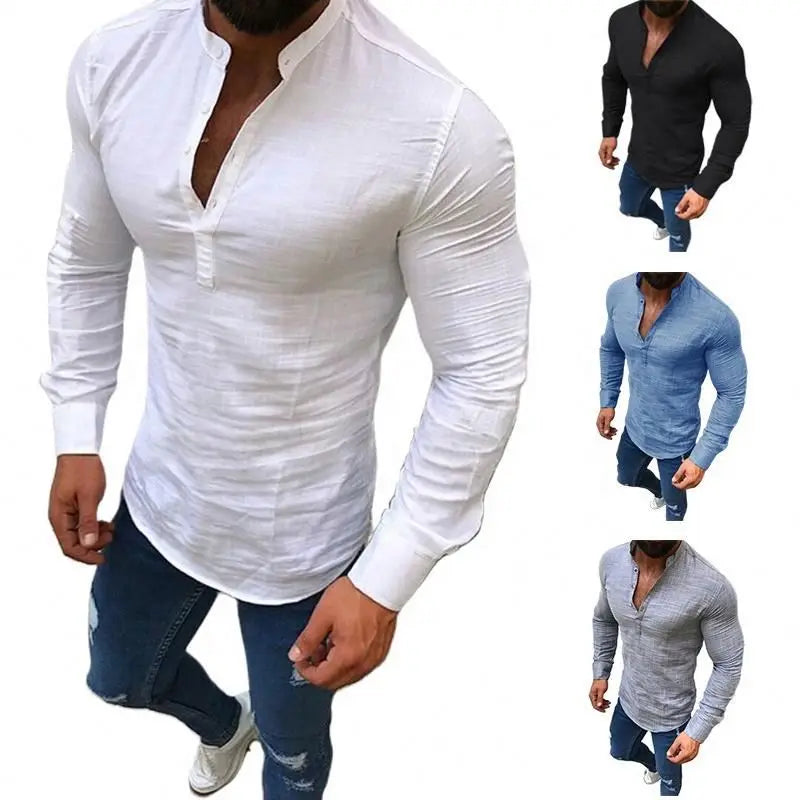 New Fashion Men Spring Autumn Cotton Linen Stand Collar Long Sleeve Slim Solid Color Button Comfort Casual Blouse Tops Shirt