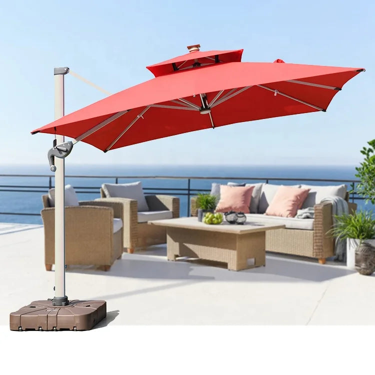 OEM Custom Lightweight Outdoor Patio Umbrella Red Foldable & Anti-UV Waterproof LED Light Solar Power Garden Parasol Logo Prints