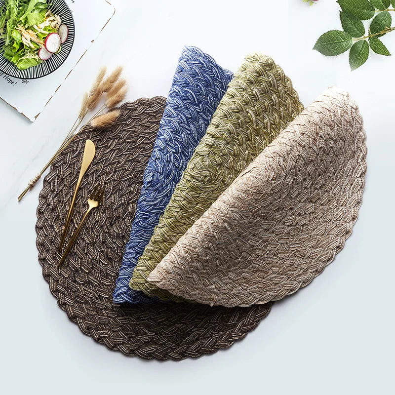 Nordic Solid Color Bamboo Pattern PVC Dining Table Mats Woven Round Placemat Anti slip Anti Scalding Table Mat