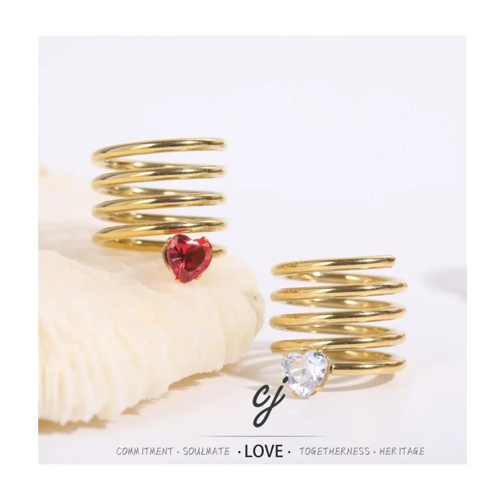 Carline Fashion Spring Design 18K Gold Plated Band Stainless Steel Jewelry Minimalist Zircon Heart Ring for Women