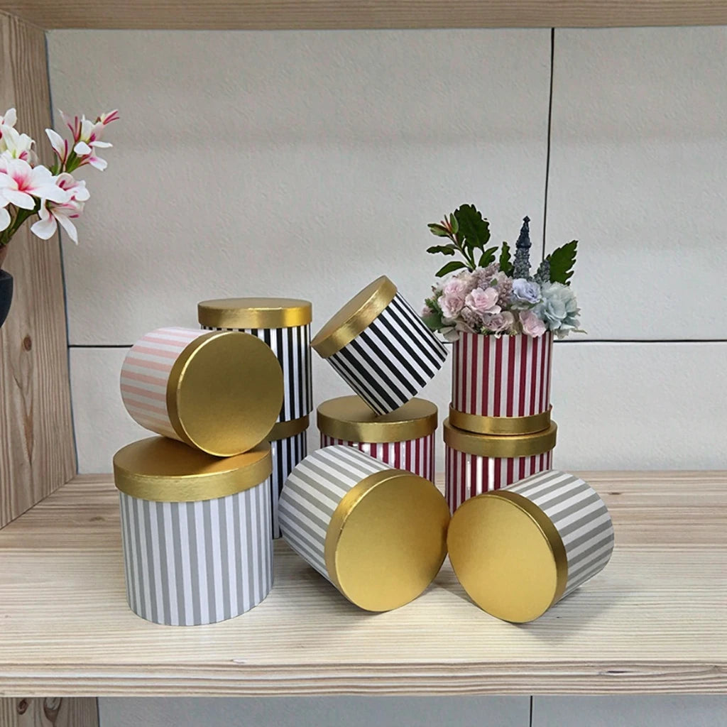 Hot Sale Gold Cover Striped Pattern Round Box 3 Piece Set Round Gift Packaging Box Round Gift Flower Box for Valentine's Day