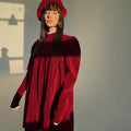 Modest Lace Trim Buttoned O Neck Velvet Long Sleeve Short Red Dress Casual Dresses Women Lady Elegant Vintage