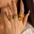New Trendy Stainless Steel Jewelry 18K Gold Plated Natural Stone Butterfly Opening Geometric Chunky Rings for Women