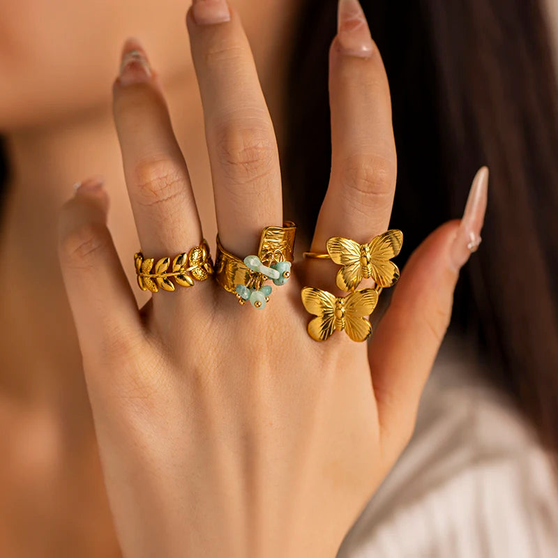 New Trendy Stainless Steel Jewelry 18K Gold Plated Natural Stone Butterfly Opening Geometric Chunky Rings for Women