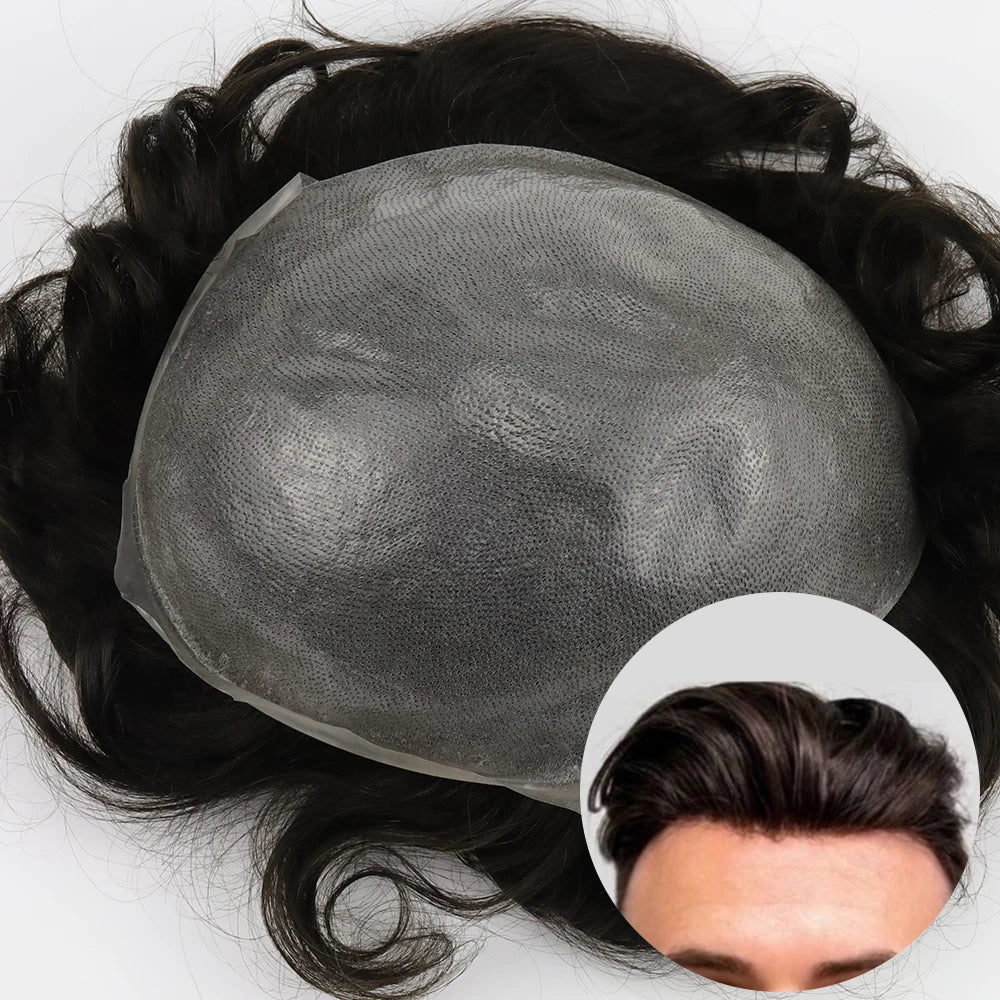Reverse Knot Polyester Toupee PU Toupee 0.04mm Thickness Natural Black