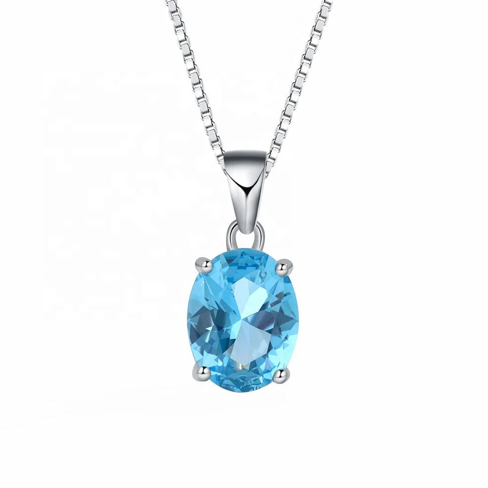 Wholesale Factory Price Classic Rhodium Plated Oval Shaped Blue Topaz Jewelry Necklace with Box Chain