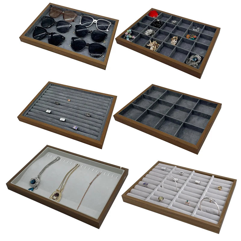Walnut Wooden Luxury Rectangle Jewelry Display Tray for Necklaces Rings Sunglasses & Glasses