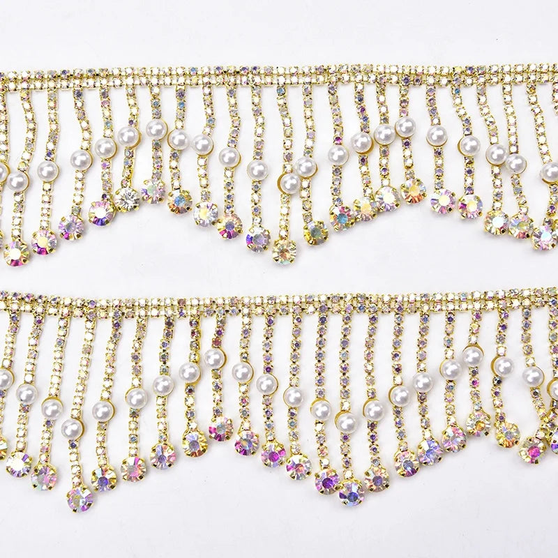 Golden AB Rhinestone and Pearl Tassel Trim Diamond Chain Fringe DIY Wedding Dress Carnival Party Costume Clothes Accessories