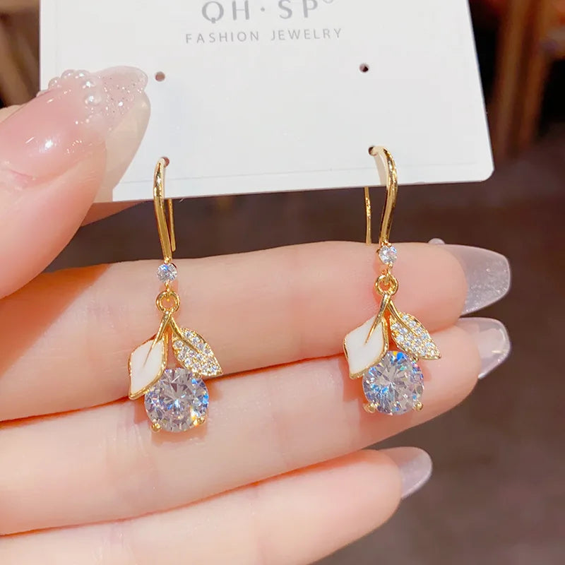 Light Luxury Shiny Exquisite Zircon Ginkgo Leaf Earring Hook Women's Tiny Drop Zircon Crystal Earrings for Women