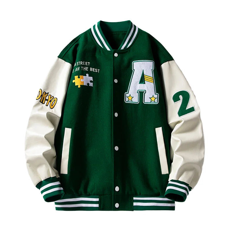Custom Logo Men's Green Baseball Jacket Loose Casual Sport Jersey Patchwork Embroidered Techniques Double Breasted for Winter