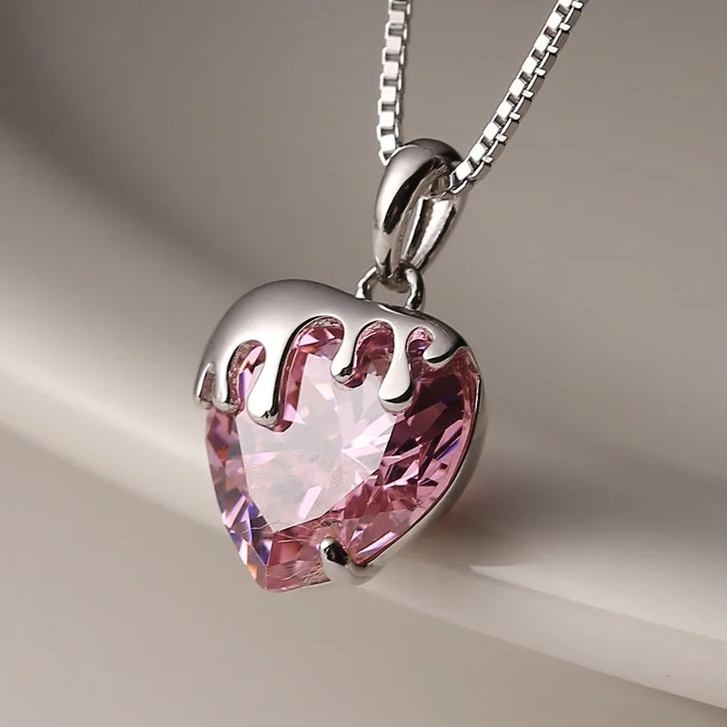 Strawberry Sweetheart Necklace 925 Silver with Pink Heart & Sparkling Cz on a Rhodium-Plated Box Chain Pink Heart Necklace