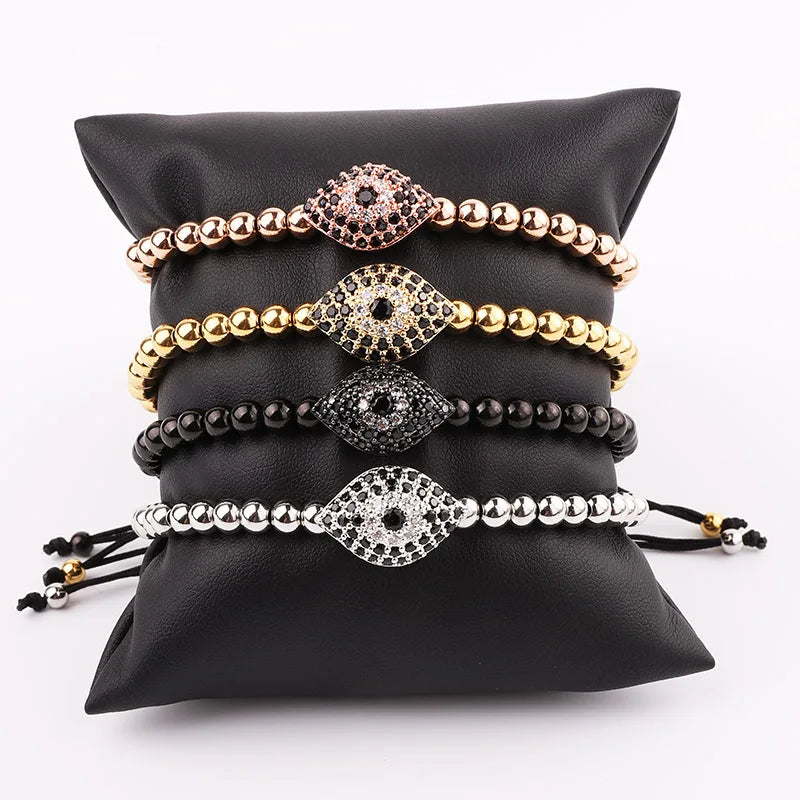 High Quality Renting Jewelry Stainless Steel Beads CZ Pave Eye Charms Women Men Macrame Adjustable Bracelet