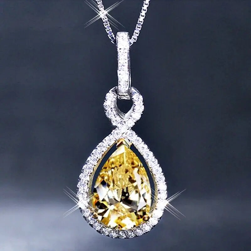 CAOSHI Yellow Crystal Pendant Necklaces Box Chain Water Drop Zircon Pear Cut Simulate Rhodium Plated Ladies Necklaces Women Girl
